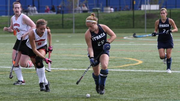 From left, Washington and Jefferson sophomore midfielder Catherine Beaudoin challenges senior forward Julia Conroy for possession during the Presidents’ 4-2 victory against the Bombers on Saturday at Higgins Stadium.