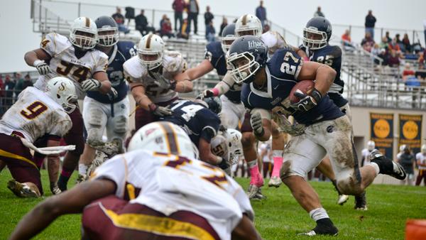 Senior running back Clay Ardoin breaks free from the line of scrimmage during the Bombers 21-14 upset of Salisbury University on Saturday afternoon.