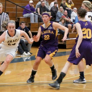 Sophomore guard Allie Mnich drives the hoop against Elmira College