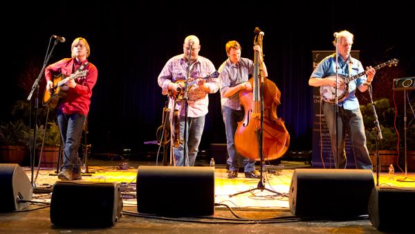 From left, Frank Solivan jams with Danny Booth and Mike Munford on Saturday evening at the Hangar Theatre.
