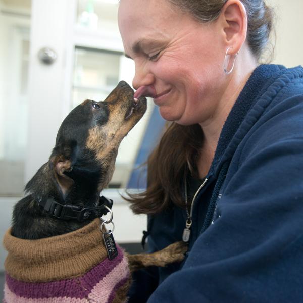 SPCA staff member Katie Deis, of Lansing, cuddles with Darla at the SPCA on Jan. 19.