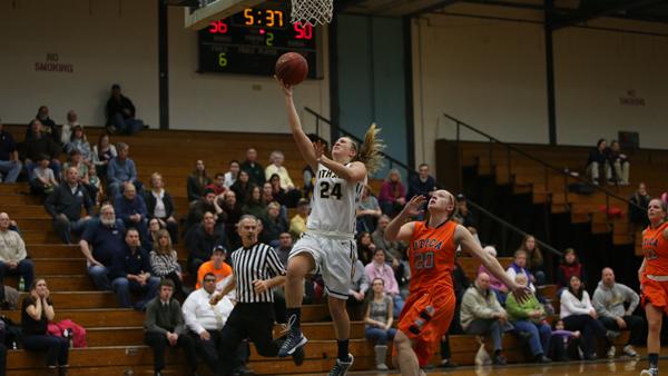 Junior guard Kathryn  Campbell shoots a lay-up during a home game against Utica College in Ben Light Gymnasium on February 15th.