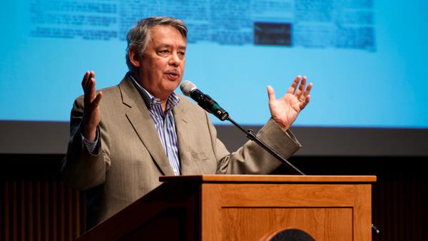 Juan Gonzalez, co-host of Democracy Now! speaks to about 300 people Monday in Emerson Suites about proposed immigration reform and other issues. Gonzalez is the author of Harvest of Empire: A History of Latinos in America. Ithaca College screened the documentary version Feb. 12. 