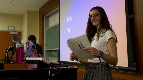 Junior Tori Gates, president of Students for Sensible Drug Policy, speaks about ketamine during a presentation Wedensday in the Business School.
