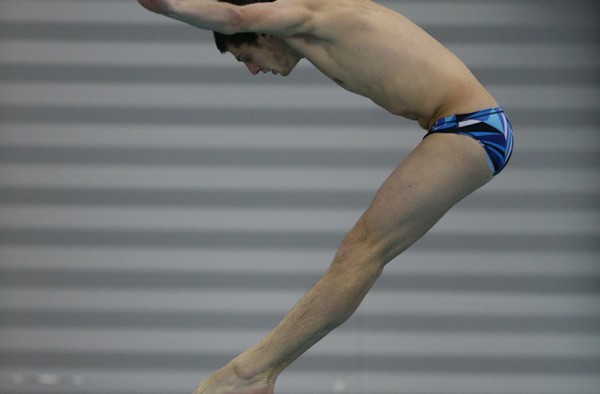 Senior diver Martin Brown takes a dive during a practice in the Athletics and Events Center on Feb. 12. He qualified for nationals on March 2. 
