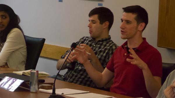 From left, seniors Rob Flaherty, student body president, and Justin Pyron, vice president of the SGA, spoke Monday at a meeting. The SGA is looking into ways to address concerns after results came in from a campus-wide survey.
