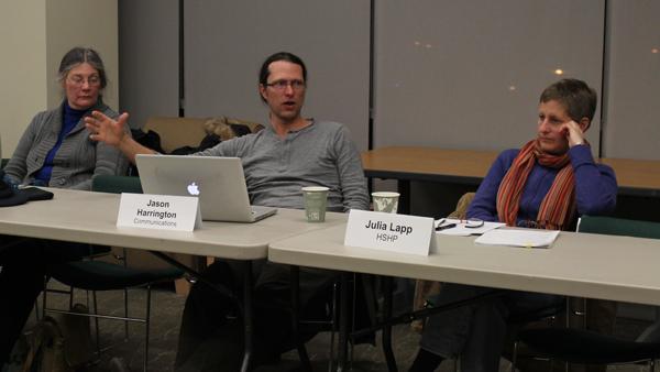 From left, Faculty Council members Bridget Bower, Jason Harrington and Julia Lapp discuss shared governance Tuesday in the A&E Center.