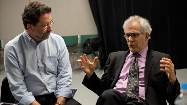 From left, Steven Katz speaks with David Corn, both work for Mother Jones. The independent news outlet received the fifth annual Izzy Award.
