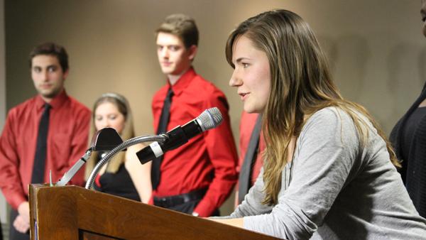 From left, juniors Zach Woelfel, Emily Haff, Rob Hohn look on as Erin Smith discusses plans for the Class of 2014. Smith is heading the Bomber Bunch.
