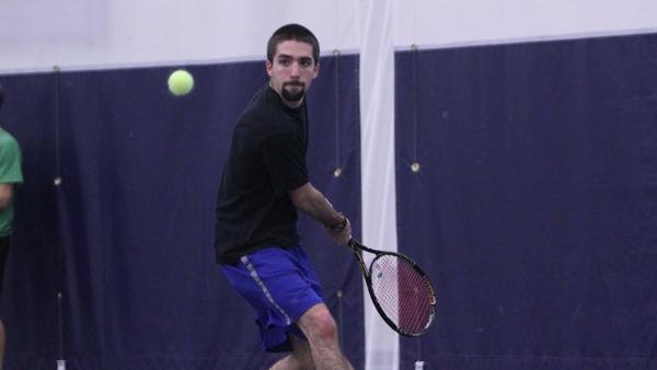 Senior captain Kyle Riether hits a ball during a practice on Monday in the Athletics and Events Center. Riether is coming back after an injury to his labrum that he suffered last year during the Empire 8 Championships.