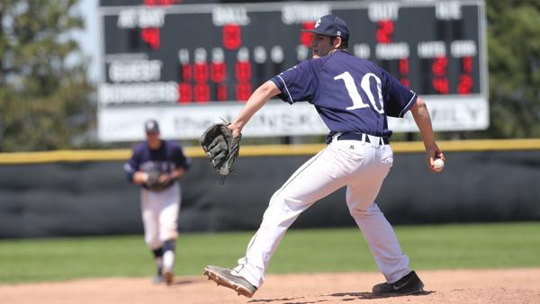 Sophomore pitcher John Prendergast takes a pitch during the Bombers home game against SUNY-Cortland on Monday afternoon on Freeman Field.