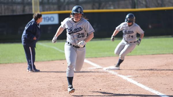 From left, freshmen Kelly Robichaud and Brooke Powers head for home plate in a 6-5 win against non-conference opponent Kings College.