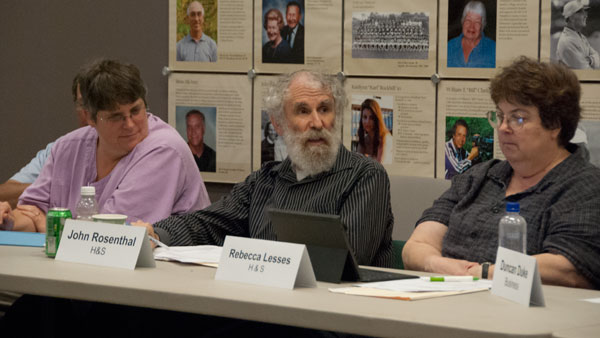 From left, Faculty Council members, Deborah Rifkin, John Rosenthal  and Rebecca Lesses consider FYRI changes at their meeting Tuesday.