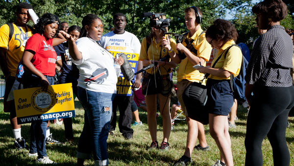 Ithaca College students interview protesters Saturday at the 50th Anniversary of the March on Washington for NBCs Nightly News broadcast.