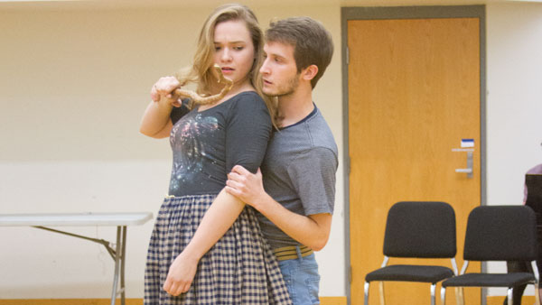 From left, freshmen Kalyn Altmeyer and Jordan Dunn-Pilz rehearse for Gaybraham Lincoln on Nov. 17. Senior Jared Corwin wrote the play, with original music by senior Jake Minter.