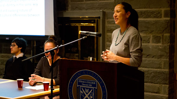 Hollie Kulago, former professor of anthropology, speaks Nov. 12 at a panel discussion on the Native American identity and the role of allies. The panel was part of Native American Month celebrations.