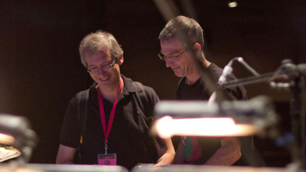 From left, Ricardo Zohn-Muldoon and composer Tim Weiss collaborate during a rehearsal of Zohn-Muldoon’s original work, “Comala,” at the Festival Internacional Cervantino in October. Zohn-Muldoon will visit the campus Nov. 19.   
