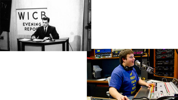 Top: David Stewart 67 hosts a WICB-TV show in 1965. at the time, WICB-TV aired on television and radio.  Bottom: Sophomore Max Deger hosts a radio show in the WICB studio on Oct. 9 in the Park School.