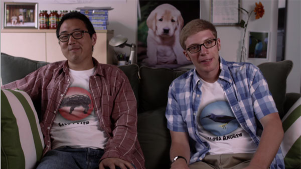 From left, Nathan Min and comedian Joe Pera ’10 act in “The Perfect Week,” an adultswim.com web series  starring Pera that will premiere in 2014. Pera was recently a finalist in Comedy Central’s contest “Up Next.” 