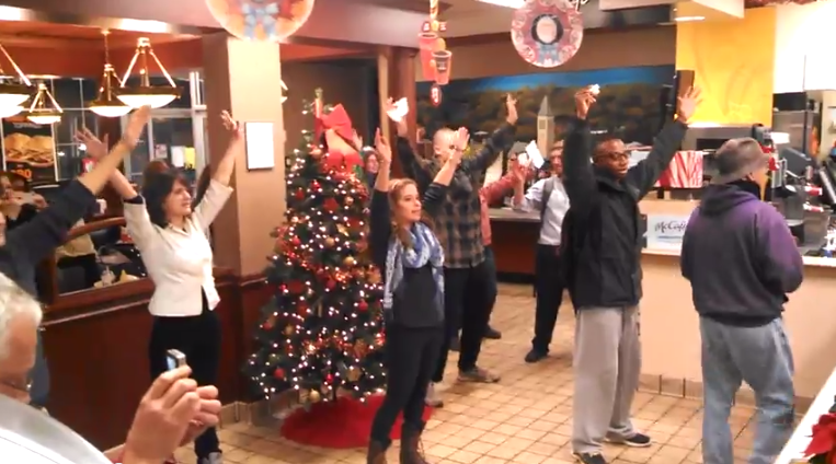 On December 5, 2013, activists for the Tompkins County Workers Center and Cornell Organization for Labor Action (COLA) gathered at McDonalds for a flash mob in protest of low wages.