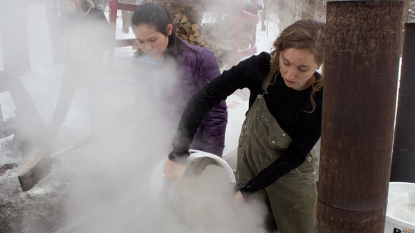 Danielle Prizzi ’13, an environmental studies major, takes part in maple syrup production for the Natural Resources and Ecology class in March. 