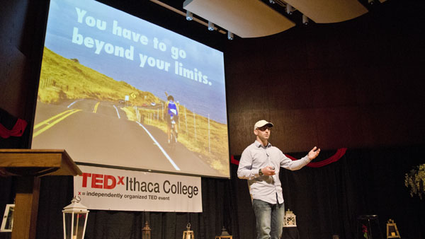 Adam Peruta, assistant professor of strategic communication speaks at TEDxIthaca College March 22.
