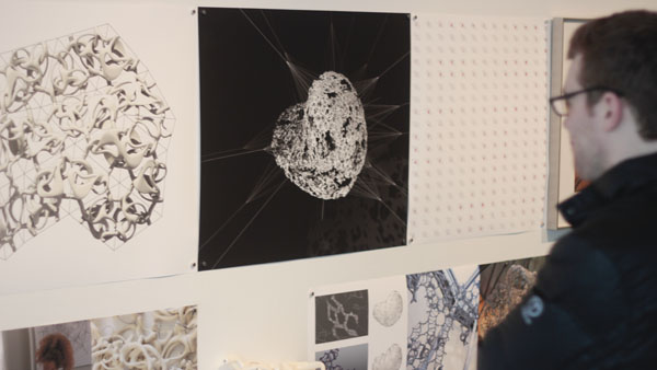 The art of Jenny Sabin, Cornell assistant professor of architecture, hangs in Bibliowicz Family Gallery. Sabin’s new exhibit, “Datascapes,” features artwork inspired by data on natural phenomena.