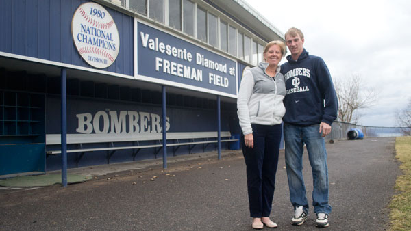 From left, Barbara Belyea, the newly appointed faculty athletics representative, stands with her son, junior Cooper Belyea, on Freeman Field. Cooper Belyea is a member of the baseball team.
