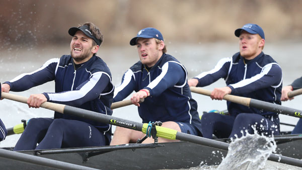 Senior Ethan Freedman rows in the middle of the men’s crew team’s Varsity 8 boat against the University of Rochester and Rochester Institute of Technology on April 5 on Cayuga Inlet. The Bombers finished in 6:07.3.