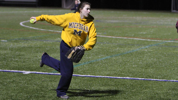 Freshman pitcher Alyssa Friedman prepares to pitch during the club softball team’s practice April 24 at Higgins Stadium. The Bombers ended the regular season with a 14–1 record. 