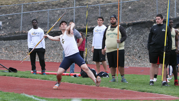 Sophomore Aaron Matthias prepares to throw the javelin during the Ithaca Tuesday Meet on April 22 at Butterfield Stadium. Matthias finished fifth overall in the event, as his best toss was 141.42 feet.
