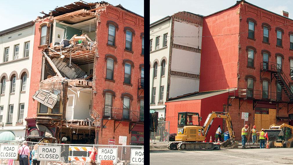 Passersby and construction workers assess the damage to the building that contained Simeons bistro on  June 20, the day a tractor-trailer carrying a load of cars crashed into it (left), and Aug. 27 (right).