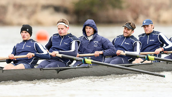 From left, Matthew Kurz ’14, Erik Frid ’14 and Andrew Vorhees ’14 compete as part of the men’s crew team’s Varsity 8 against Rochester Institute of Technology April 5 at the Cayuga Inlet. This summer, Frid competed in the U-23 Double Sculls World Championships.