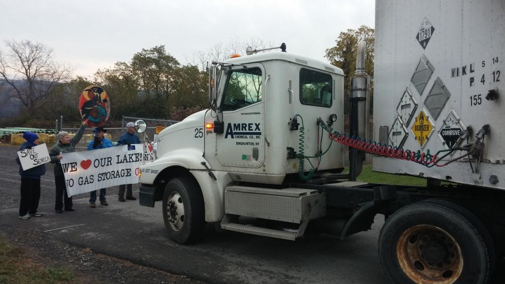 Members of the We Are Seneca Lake resistance movement blockade a truck from entering Crestwood Midstreams facilities.