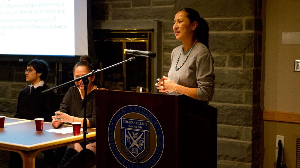 Hollie Kulago, former professor of anthropology, speaks Nov. 12, 2013 at a panel discussion on the Native American identity and the role of allies. The panel was part of Native American Month celebrations.
