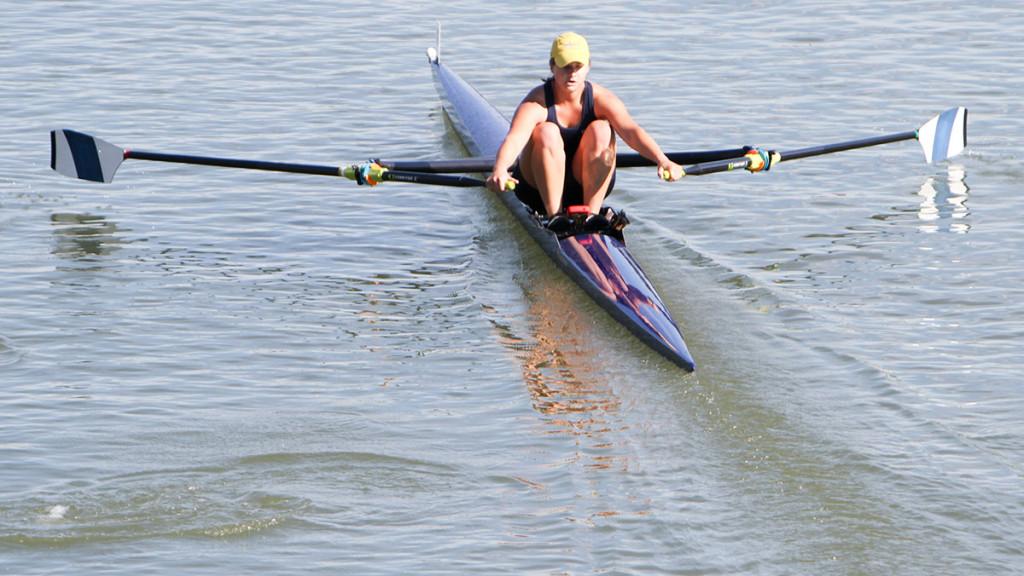 Senior Delaney Pfohl competes in the single boat competition during the Sculling Invitational on Sept. 28 at the Cayuga Inlet. The event was the second fall regatta hosted by the Bombers. 