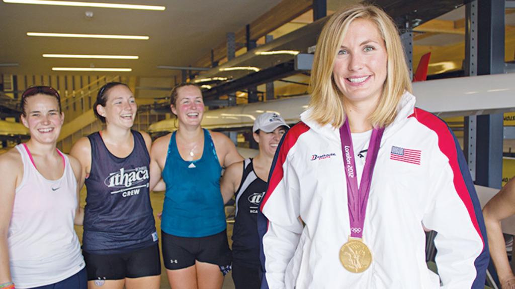 Meghan+Musnicki+05+poses+with+the+alumni+during+her+visit+to+Ithaca+College+on+Sept.+8%2C+2012.+She+won+her+second+olympic+gold+medal+Aug.+13.+