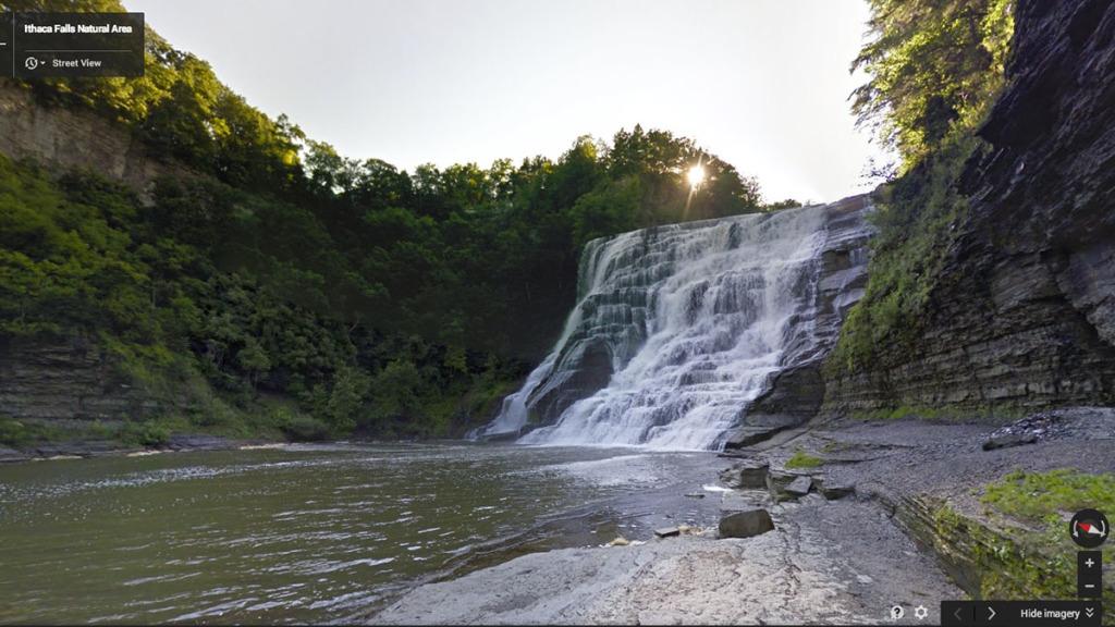 This is a virtual view of Ithaca Falls from the Google Street View tool. The 360 degree mapping of Ithaca’s natural areas, a project of the city’s Geographic Information Systems Program, was unveiled the morning of Nov. 19. 