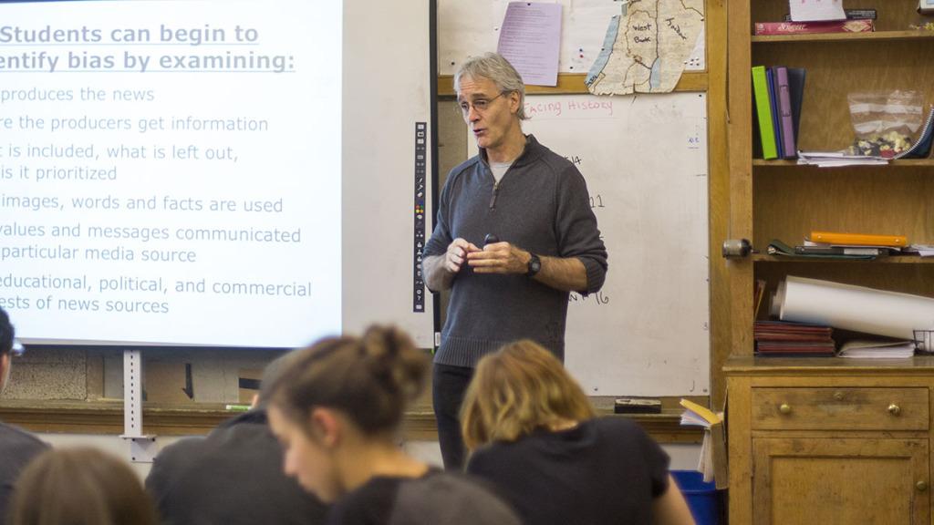 Chris Sperry, director of curriculum and staff development, teaches a class at the Lehman Alternative Community School in Ithaca on Nov. 26 about decoding media messages.