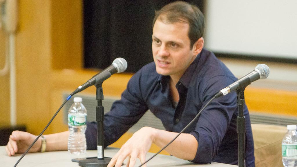 Jason DeLand 98 speaks at Ithaca Colleges Mad Men Day on Dec. 1 as part of the alumni panel.