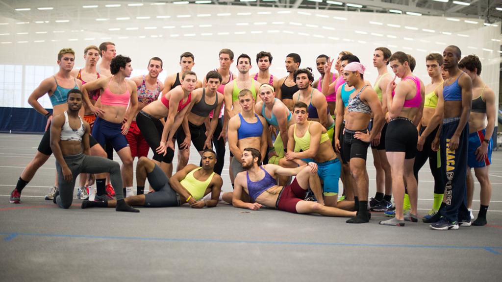 The men's track and field team dressed up as the women's team for their Halloween workout at the Athletics and Events Center.