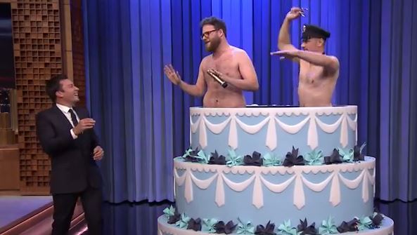 James Franco and Seth Rogan surprising Jimmy Fallon for his Birthday