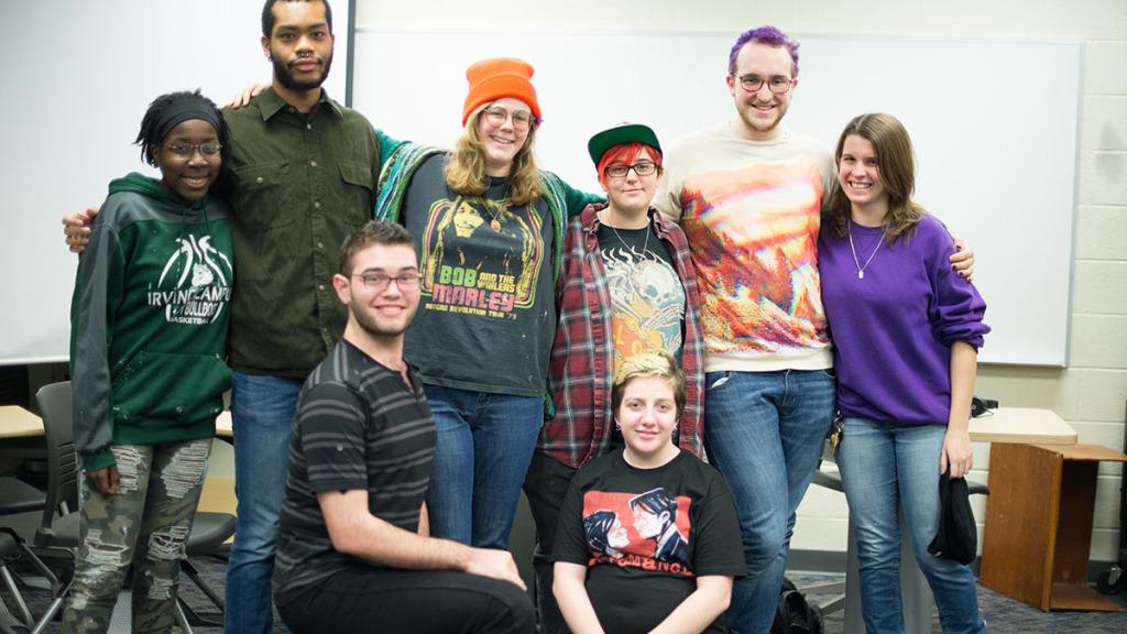 Members of the Queer Cabaret crew pose together Dec. 3 in Friends 301. The show, which will premiere Dec. 6 in Hill Center 104, intends to bring LGBT-themed poetry, dance, monologues and more to the Ithaca College campus.