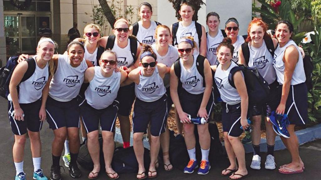 Members of the Ithaca College Womens Basketball team pose in front of their hotel in San Juan, Puerto Rice. The Bombers travelled there for five days, playing in two games.  
