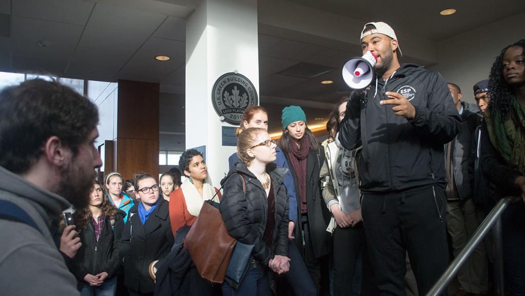 Senior Errold Jones speaks to protesters rallied on Dec. 4 in the Peggy Ryan Williams Center in support of a more inclusive Native American Studies minor.  