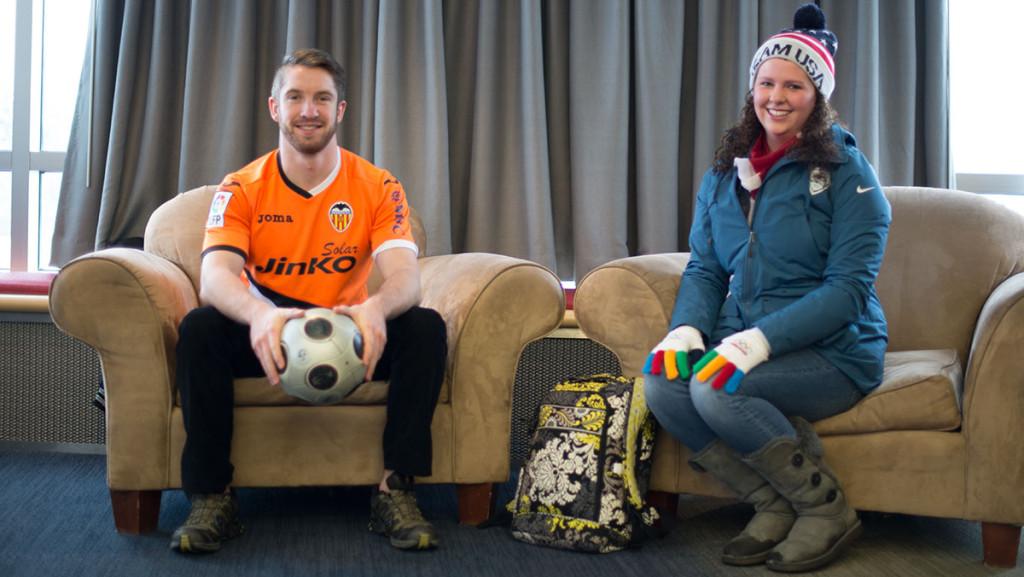 From left, junior Matt Byers and senior Courtney Caprara pose in their favorite gear they gathered while abroad.