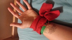 A picture of my red solidarity band from Monday's trials. 