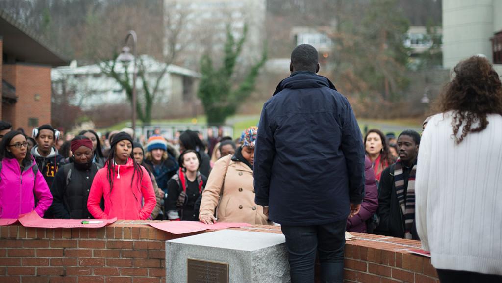 Tommy Battistelli/ The Ithacan  About 200 Ithaca College students walked out of their 1 p.m. classes as part of the Hands Up Walk Out demonstration Dec. 1, 2014. This was a nation-wide protest against instances of inequality and police brutality.