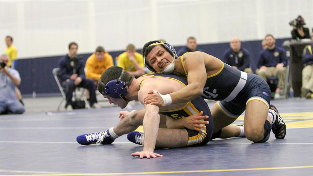 Senior wrestler Alex Gomez competes in the wrestling squads 18–12 victory over Wilkes College on Feb. 13. The nationally ranked wrestler will be one of the biggest factors in the South Hill squads NCAA Tournament run.