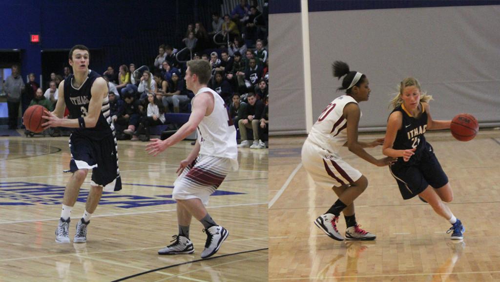 The+mens+and+womens+basketball+teams%2C+which+both+earned+a+berth+in+their+respective+conference+tournaments%2C+will+look+to+freshman+guard+Marc+Chasin+%28left%29+and+senior+guard+Samantha+Klie+%28right%29+to+help+lead+the+way.+